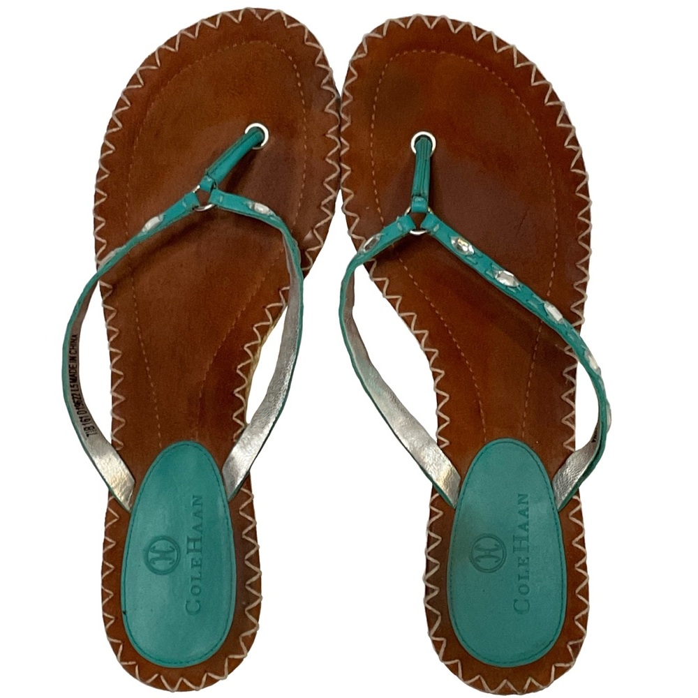 Cole Haan Kalla Vtg Turquoise Thong Leather Strap Rhinestone Sandals; Sz 7.5